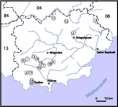 Carte du Var avec pointage et numérotation des cavités