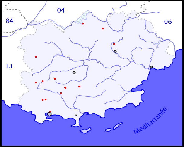 Carte du Var avec localisation sommaire des cavités